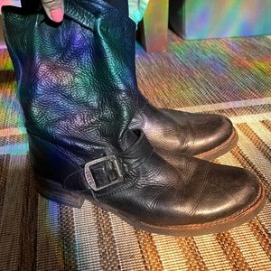 Frye black leather biker boots with buckle size 9
